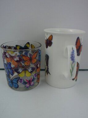 Bone China Cup & Glass Candle Holder featuring Butterfly Patterns